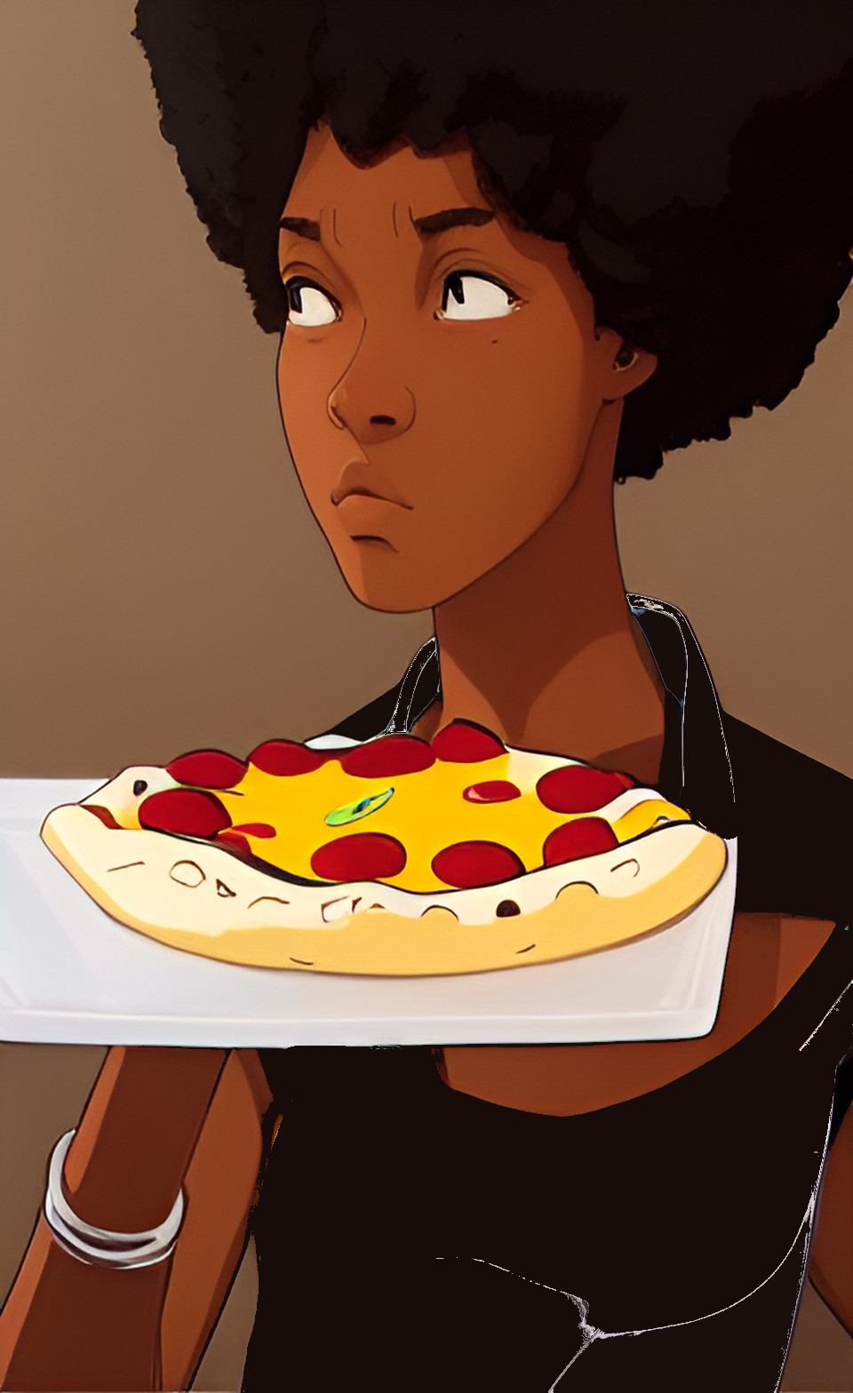 Banou eating pizza